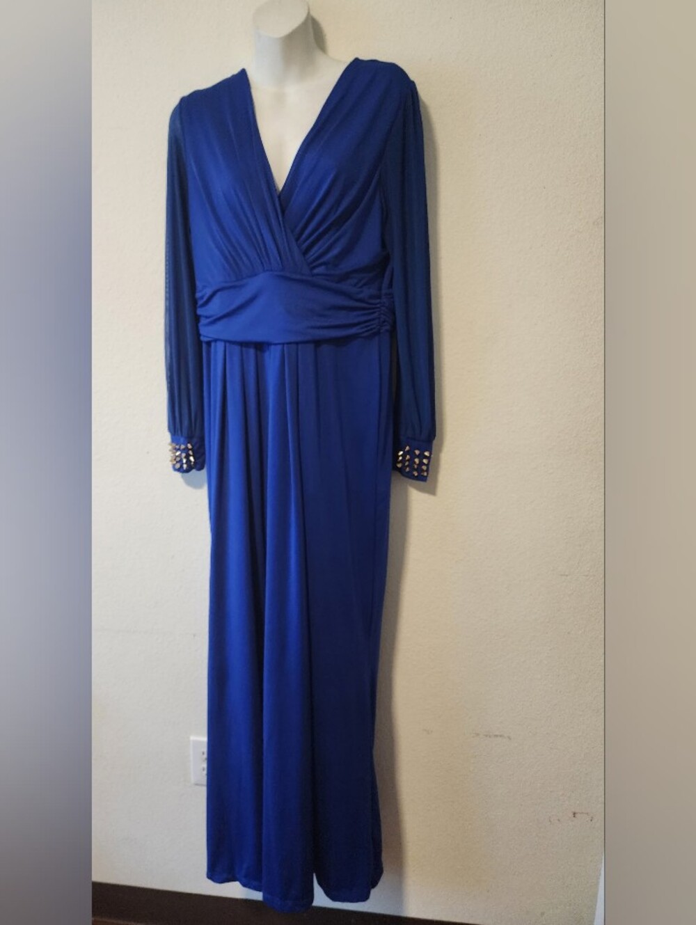 Royal Blue Long Sleeve Maxi Dress Gold Studded Cuffs V-Neck Size XL